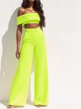 House of CB Neon Lime Wide-Leg High-Waist Pants